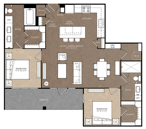 A floor plan of a house with a living room, two bedrooms, a bathroom, a kitchen, a wine fridge, and a dry bar.