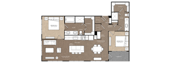 A floor plan of a house with a living room, dining room, kitchen, and two bedrooms.
