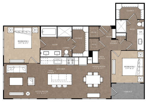 A floor plan of a house with a living room, dining room, kitchen, and two bedrooms.