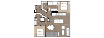 A floor plan of a house with two bedrooms, a living room, a dining room, a kitchen, a bathroom, a closet, a linen closet, a wine fridge, a pantry, and a terrace