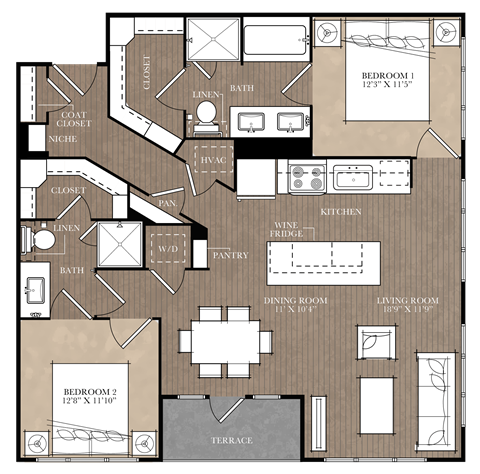 A floor plan of a house with two bedrooms, a living room, a dining room, a kitchen, a bathroom, a closet, a linen closet, a wine fridge, a pantry, and a terrace