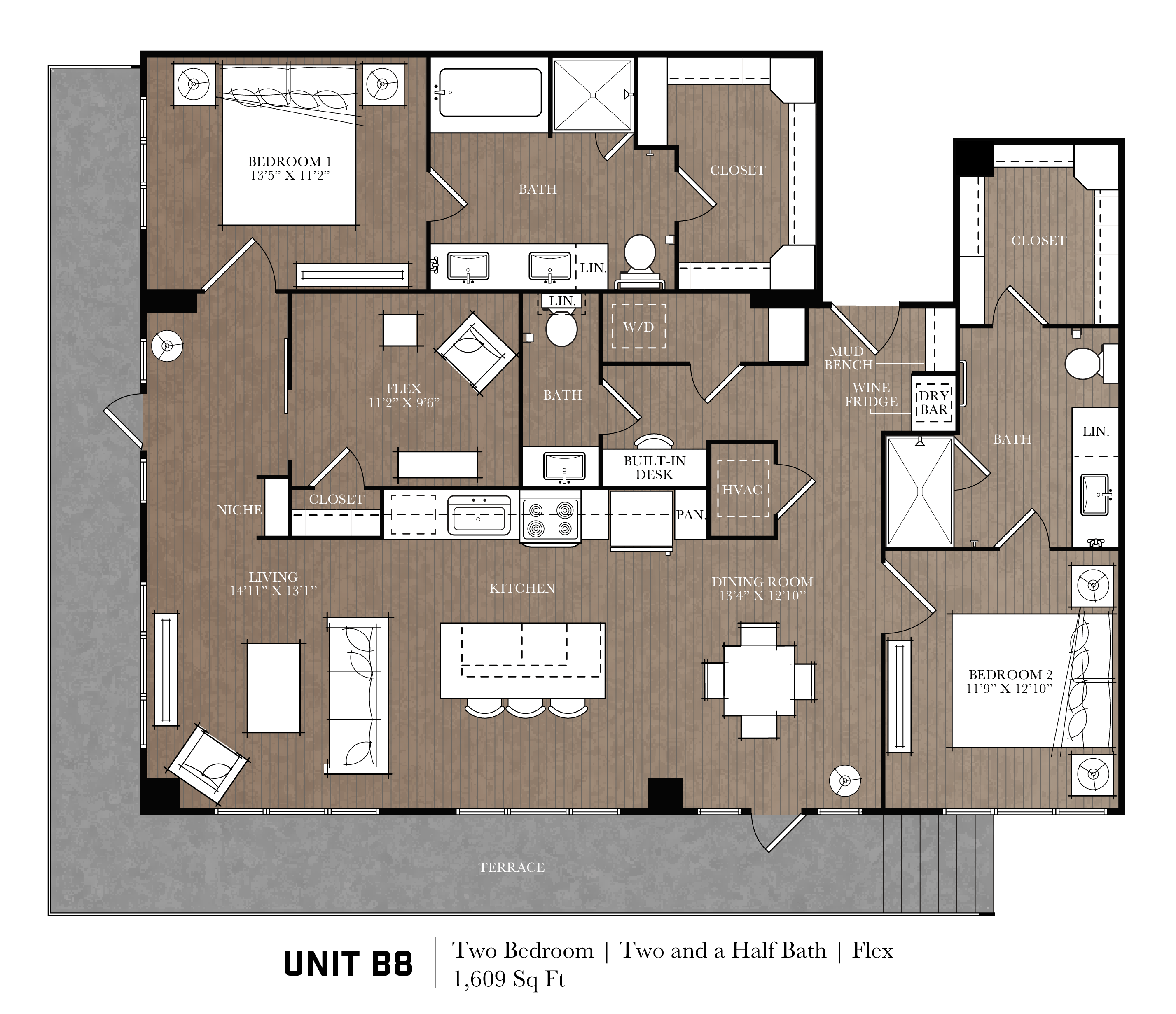 A floor plan of a two bedroom apartment with two and a half baths.