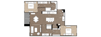 A floor plan of a house with a living room, dining room, kitchen, and bathrooms.