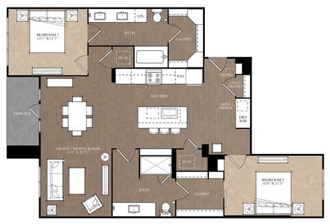 A floor plan of a house with a living room, dining room, kitchen, and bathrooms.