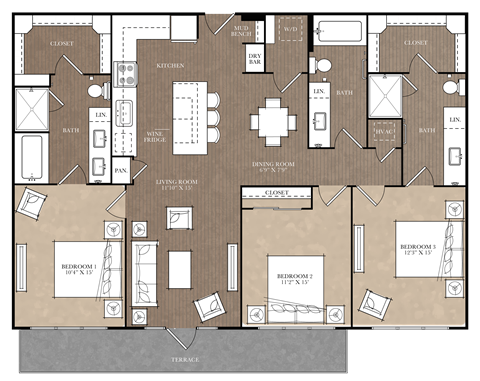 A floor plan of a house with labeled rooms such as "Kitchen", "Living Room", and "Bedroom 1".