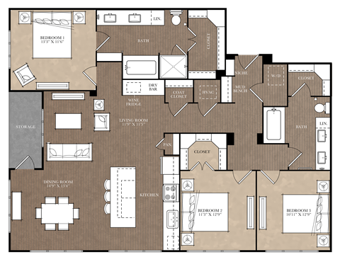 A detailed floor plan of a house with labeled rooms and furniture.