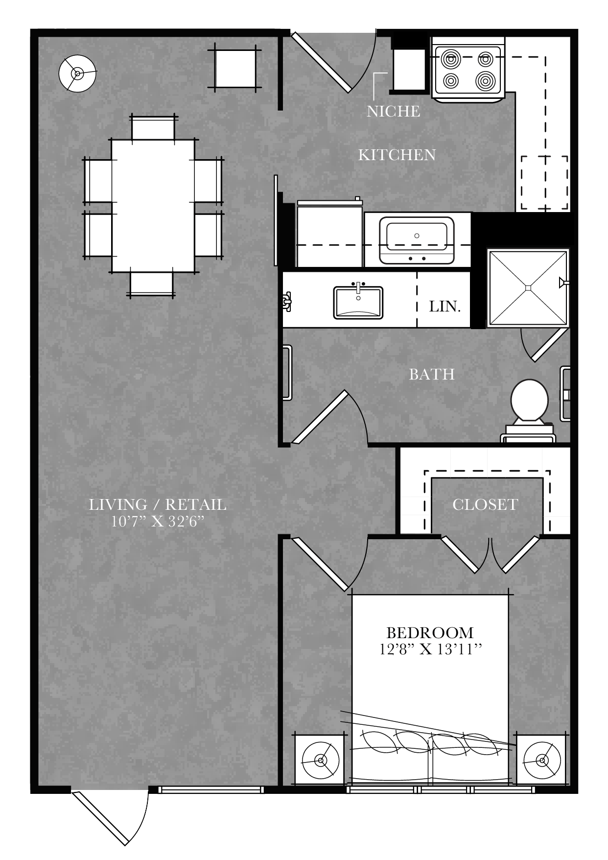 A floor plan of a house with a living room, kitchen, bathroom, and bedroom.