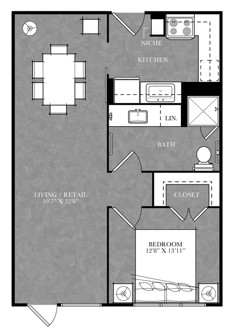 A floor plan of a house with a living room, kitchen, bathroom, and bedroom.