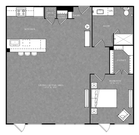A floor plan of a house with a living area of 210 x 108.