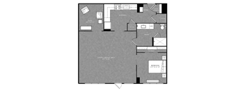 A floor plan of a house with a living room, kitchen, and bathroom.