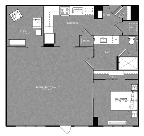 A floor plan of a house with a living room, kitchen, and bathroom.