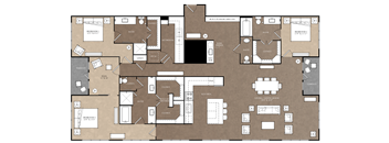 A floor plan of a building with multiple rooms and labeled areas.