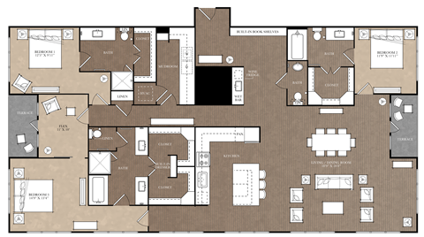 A floor plan of a building with multiple rooms and labeled areas.