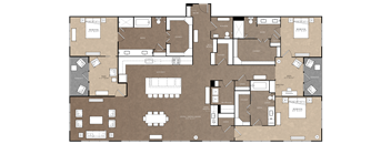 A large floor plan of a building with multiple rooms and labeled areas.