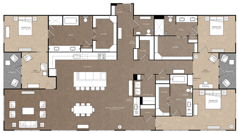 A large floor plan of a building with multiple rooms and labeled areas.