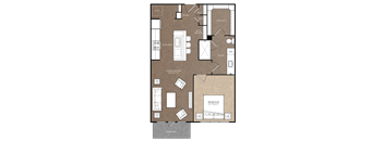 A floor plan of a house with a living room, bedroom, and kitchen.