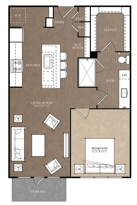 A floor plan of a house with a living room, bedroom, and kitchen.