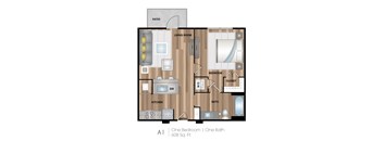 a floor plan of one bedroom with a bathroom and a living room