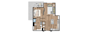 a drawing of a furnished floor plan with a bedroom and living room