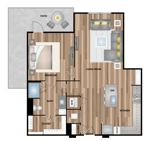 a drawing of a furnished floor plan with a bedroom and living room