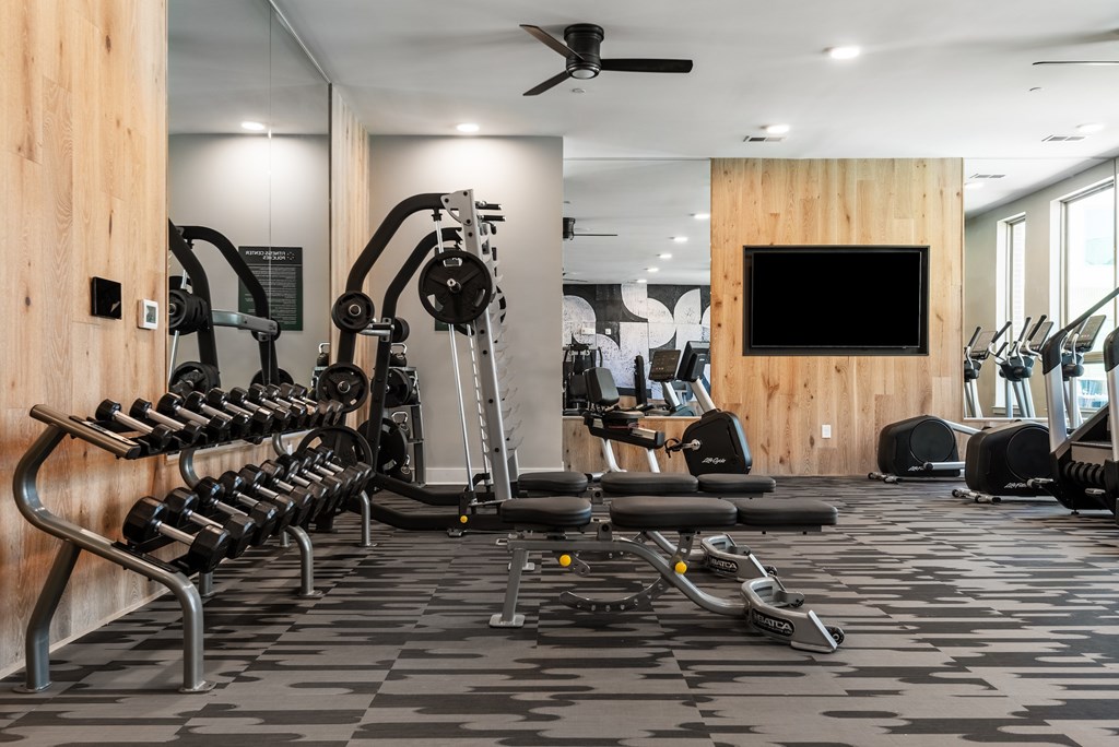 A gym with a variety of equipment including a row of dumbbells, a bench press, and a television.
