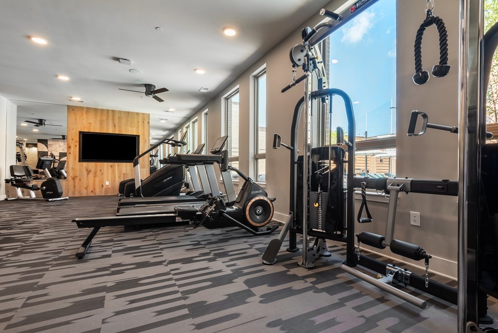 A gym with a variety of equipment including treadmills, weights, and a television.