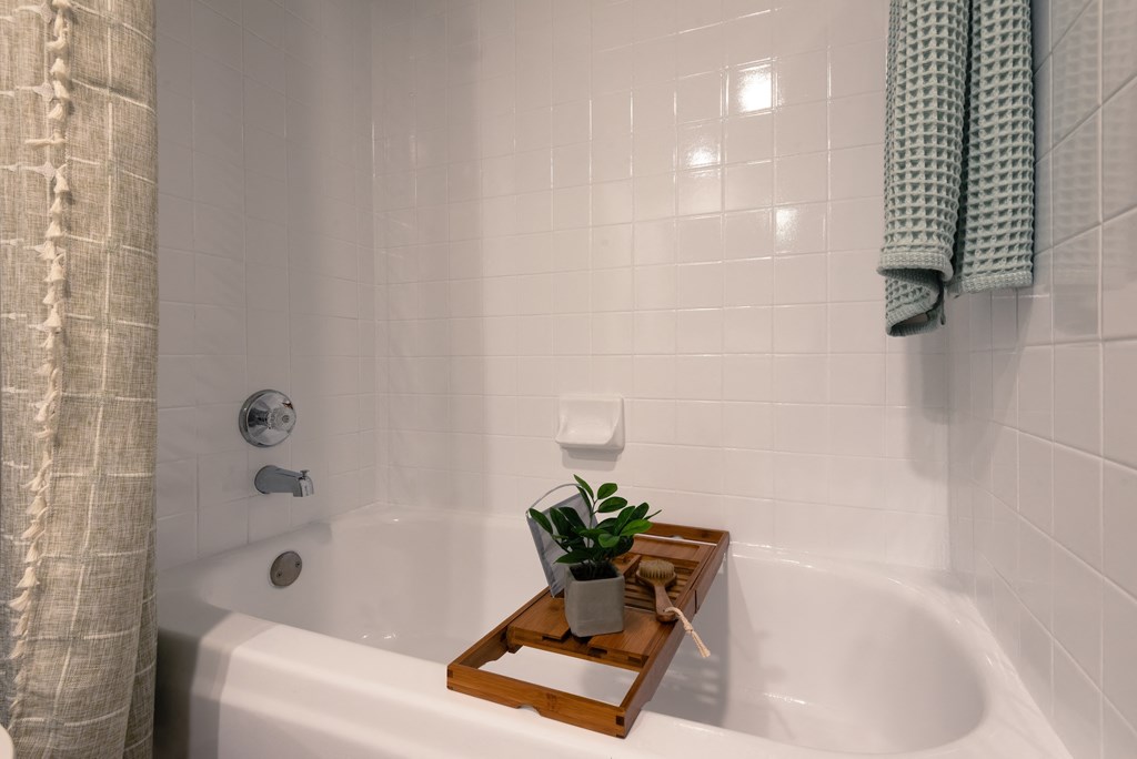 a bathroom with a white tub and a wooden tray with a plant  at Hayden on West Ave, Texas