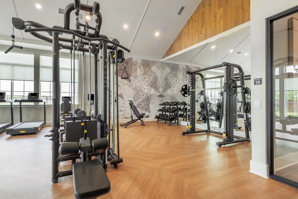 A gym with a variety of equipment including treadmills, weights, and machines.