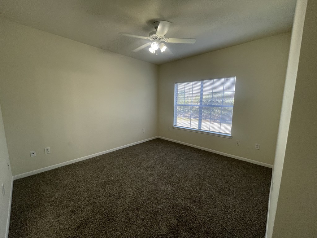 A room with a ceiling fan and carpeted floor.