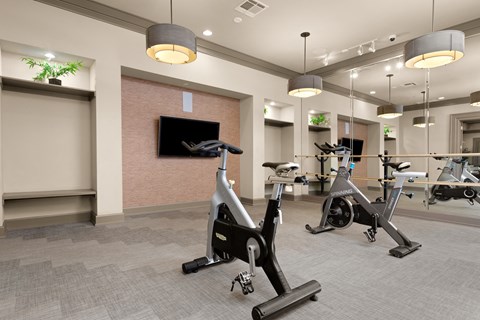 a gym with exercise bikes and a tv