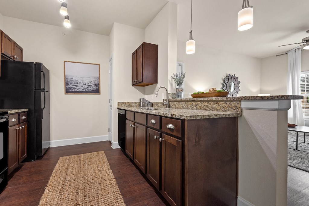 a kitchen with a granite counter top and a black refrigerator