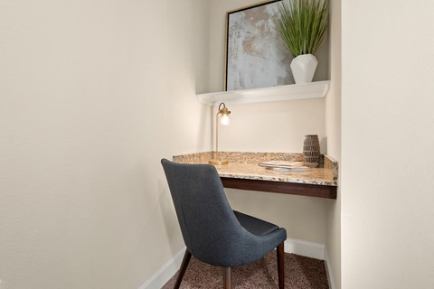 a desk with a chair in a corner of a room