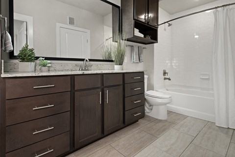 an image of a bathroom with wooden cabinets and a toilet