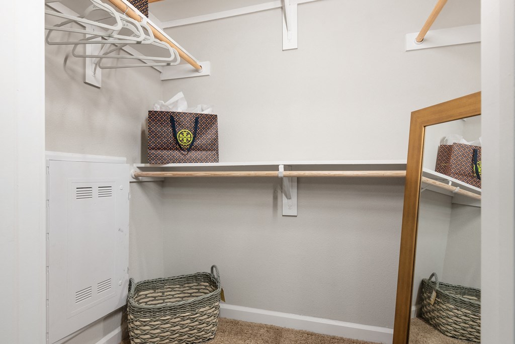 a walk in closet with shelves and baskets and a mirror
