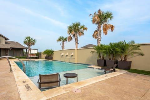 a swimming pool with chairs and palm trees in front of a house