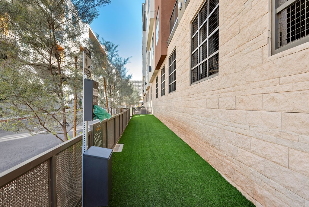 A long, narrow, grassy area sits between two buildings.