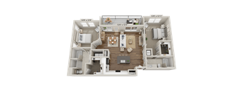 a 3 bedroom apartment with a shared bathroom and a living room