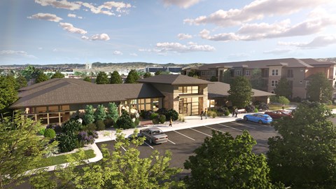A rendering of a modern building with a parking lot in front.