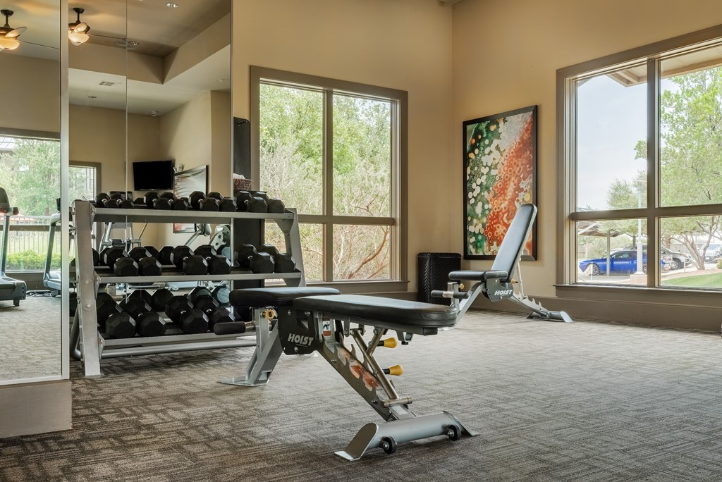 a home gym with a treadmill and weights
