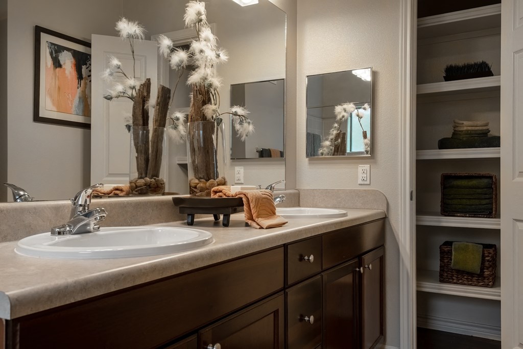 a bathroom with a sink and a mirror