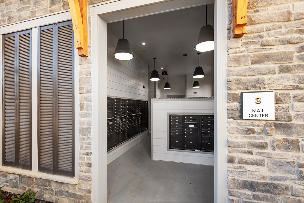 a view of the mail center from outside the door of the building