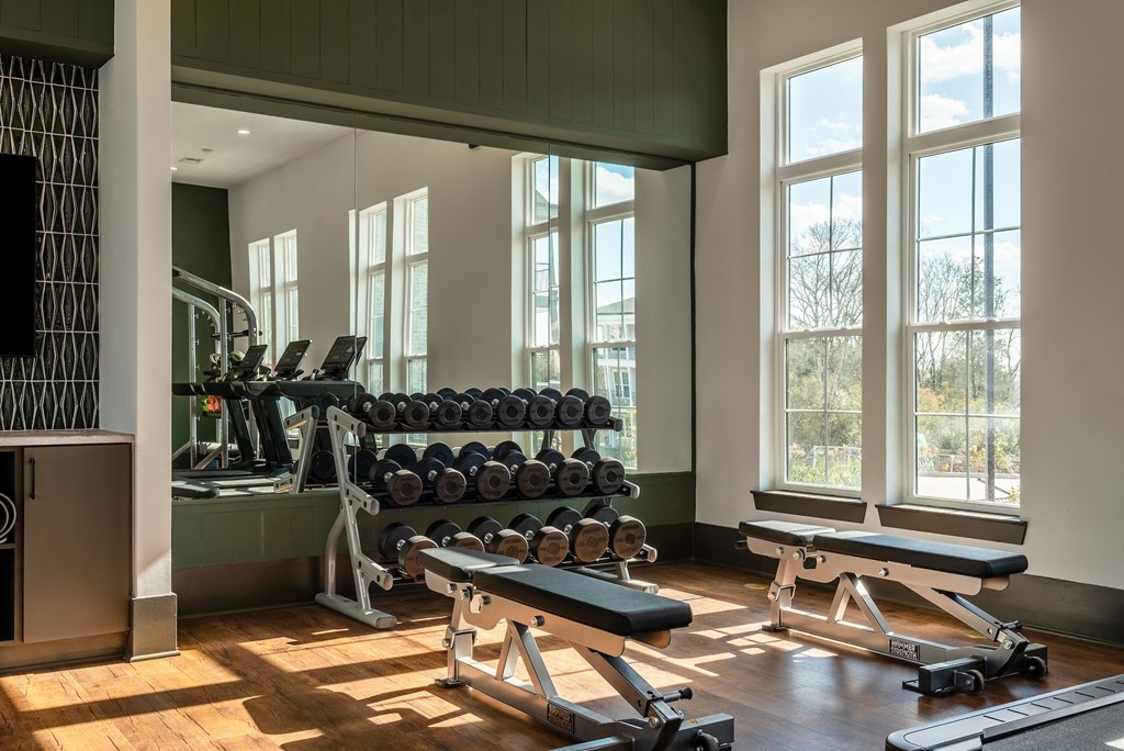 a gym with weights and exercise equipment and windows