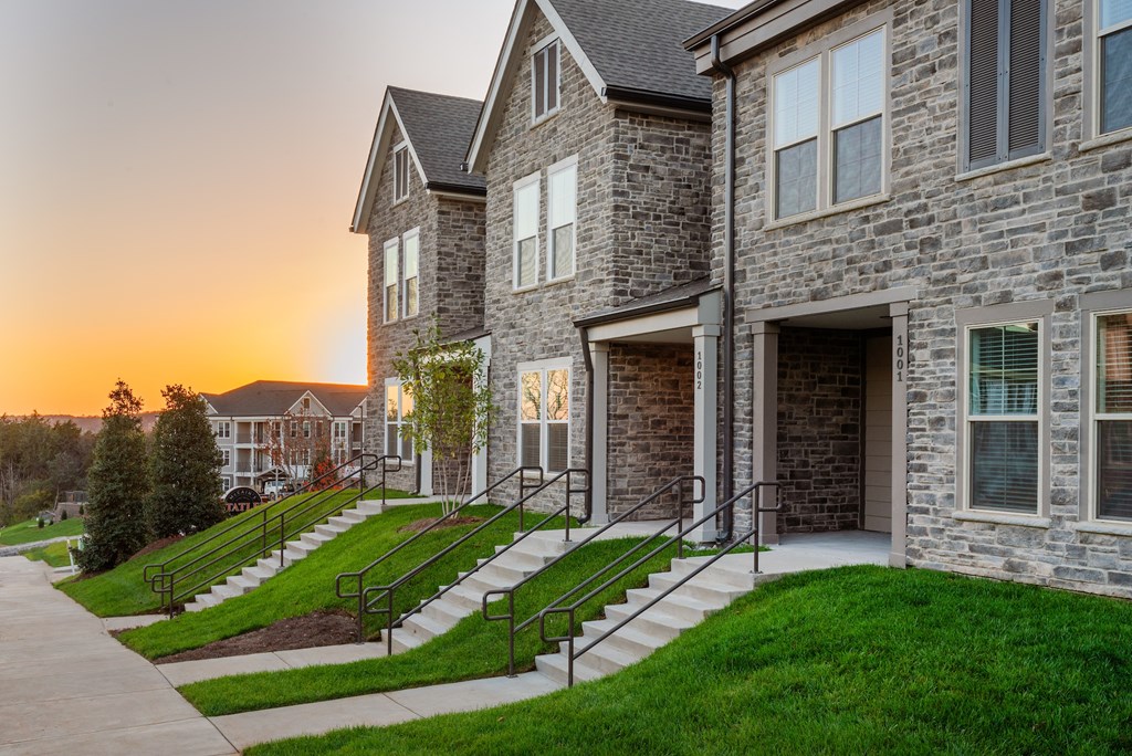 a row of houses with a sunset in the background
