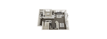 A 3D rendered image of a house layout.