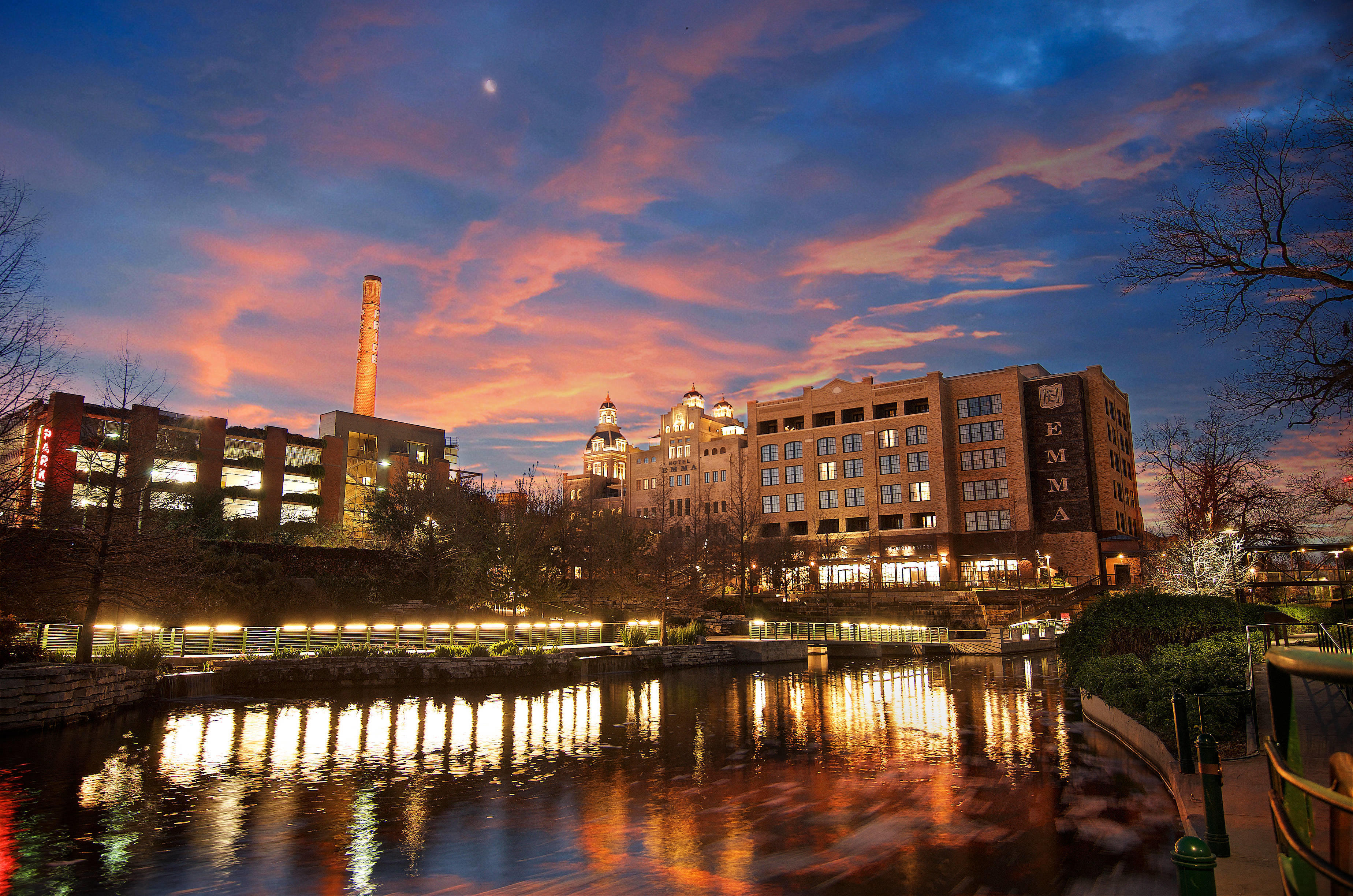 Texas Sunset over Hotel Emma and San Antonio River Walk at Pearl Brewery at The Can Plant Residences at Pearl, Texas