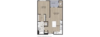 A floor plan of an apartment with a bedroom, living/dining area, kitchen, bathroom, closet, and coat space.