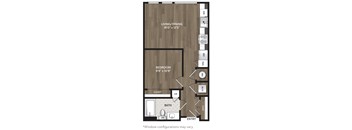 A floor plan of a bedroom and living area with a bathroom.