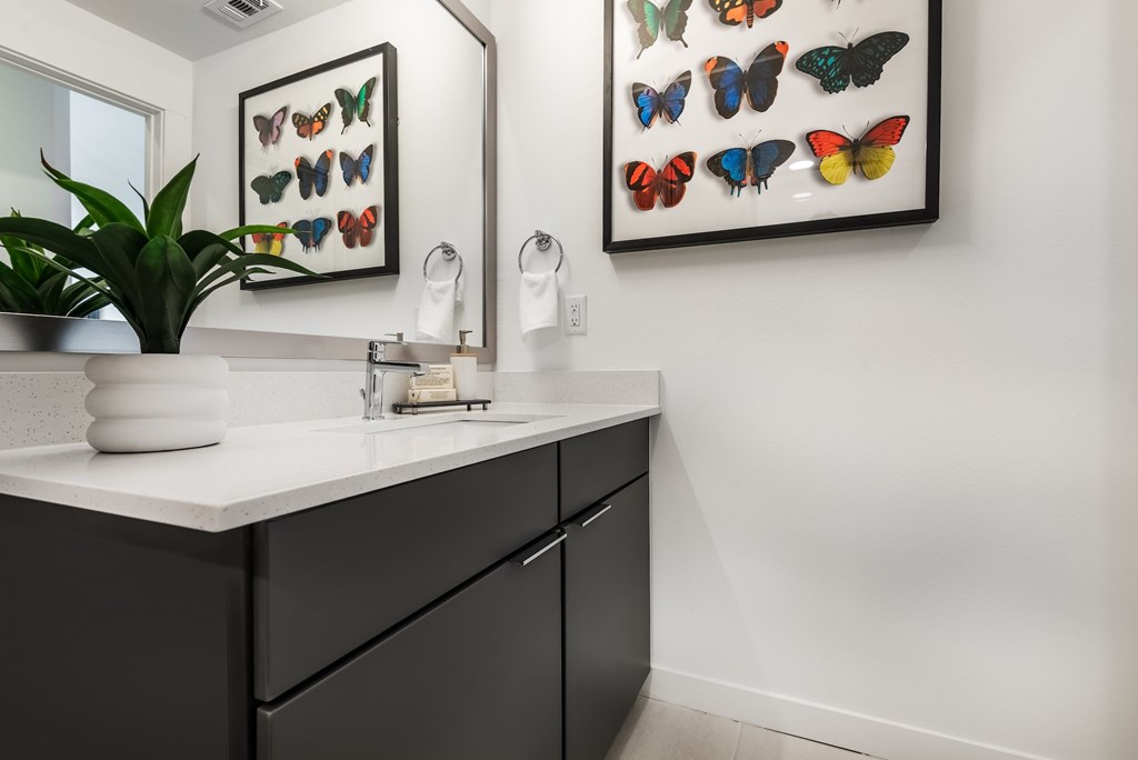 A bathroom with a sink and two butterfly pictures on the wall.