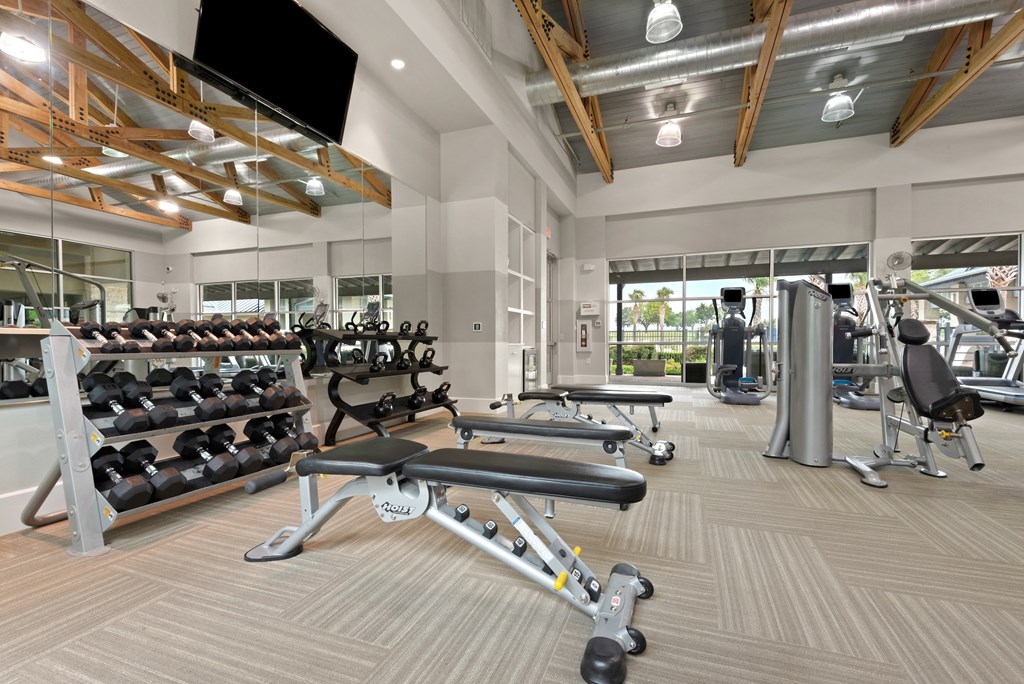 a spacious fitness center with cardio equipment and weights