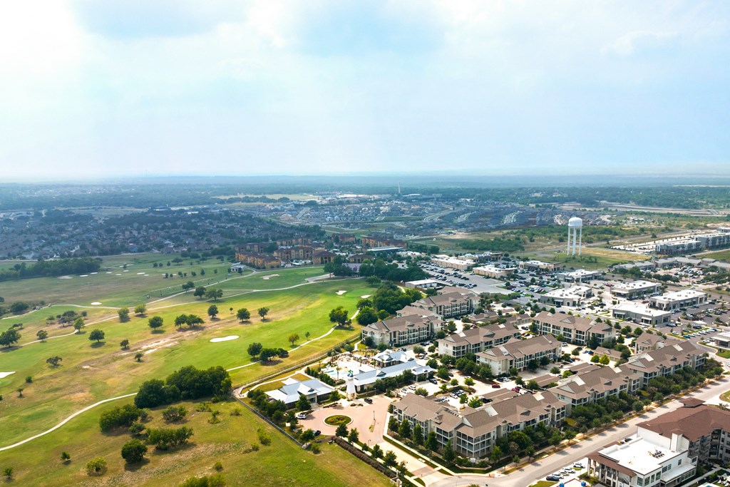 arial view of the campus with the water tower in the distance